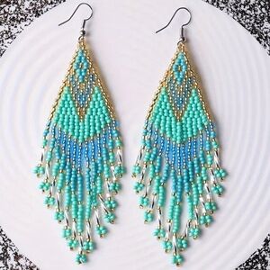 Aqua and Gold Beaded Dangle Earrings